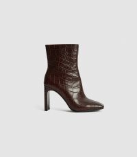 REISS VOGUE LEATHER CROC EMBOSSED ANKLE BOOTS PLUM -crocodile effect boots