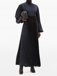 ROKSANDA Zina high-neck fringed silk-satin maxi dress ~ navy blue event wear ~ effortlessly elegant evening dresses