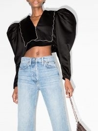 ANOUKI oversized collar cropped shirt | puff sleeve crop hem tops