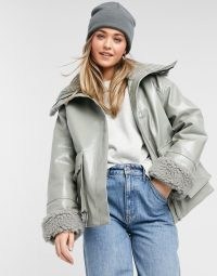 ASOS DESIGN leather look jacket with borg lining in sage