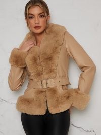 Chi Chi Alexis Coat – faux fur trim leather-look winter coats – brown fluffy trimmed jackets