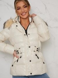 Chi Chi Twyla Coat – cream padded winter coats – fur trim hooded jacket