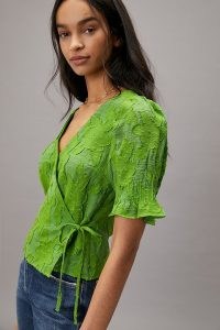 Maeve Verdi Textured Wrap Blouse – green side tie blouses