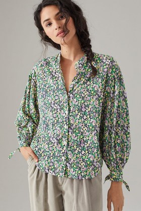 Maeve Paisley Shirt Green Motif – floral print tie cuff shirts