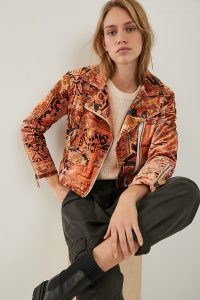 ANTHROPOLOGIE Tapestry Cropped Velvet Moto Jacket ~ fabric biker jackets