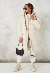 MISSGUIDED beige faux fur hooded ~ longline puffer jackets