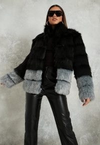 MISSGUIDED black colourblock faux fur pelted coat – fluffy colour block winter coats