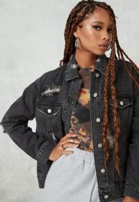 MISSGUIDED black distressed oversized boyfriend denim jacket ~ cool casual style