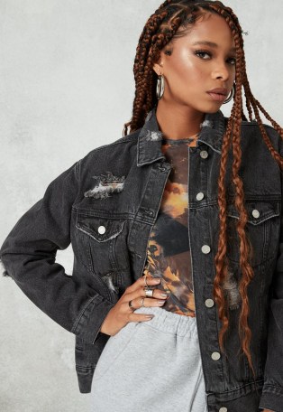 MISSGUIDED black distressed oversized boyfriend denim jacket ~ cool casual style