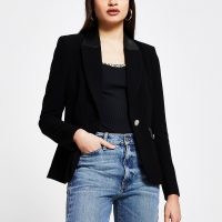 RIVER ISLAND Black faux leather detail fitted blazer ~ pocket detail blazers