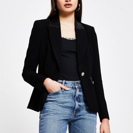 RIVER ISLAND Black faux leather detail fitted blazer ~ pocket detail blazers