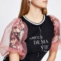 River Island Black floral mesh print short sleeve t-shirt | sheer puffed sleeves