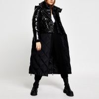 RIVER ISLAND Black patent quilted long line puffer coat ~ padded detachable winter coats