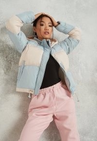 MISSGUIDED blue colourblock hooded puffer jacket ~ padded colour block jackets