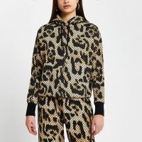 RIVER ISLAND Brown RI monogram leopard print hoodie / animal hoodies