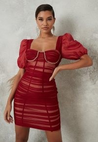 MISSGUIDED burgundy diamante mesh milkmaid mini dress / sheer overlay party dresses