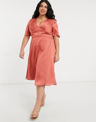 Chi Chi London Plus button down flutter sleeve midi skater dress in rust | plunging plus size satin style dresses