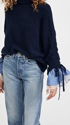 Cinq a Sept Turtleneck Atlas Pullover | navy ruched sleeve jumpers