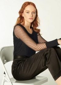 L.K. BENNETT DUVALL BLACK JERSEY SPOT MESH SLEEVE TOP ~ sheer sleeve tops