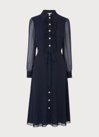 L.K. BENNETT ENSOR NAVY POLKA DOT SHIRT DRESS ~ naxy-blue spot print dresses ~ sheer sleeve clothing ~ front ruffle detail