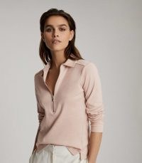 REISS FERNANDA ZIP NECK POLO SHIRT BLUSH ~ casual style clothing