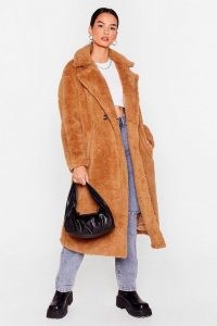 Fur Once in My Life Faux Fur Longline Coat ~ textured camel brown coats