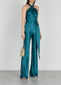 New In GALVAN Eve teal wide-leg satin jumpsuit ~ party glamour ~ glamorous evening jumpsuits ~ jewel tone occasion fashion