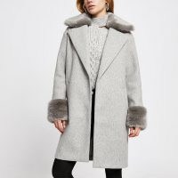 RIVER ISLAND Grey faux fur collar coat ~ open front coats