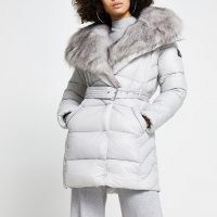 RIVER ISLAND Grey faux fur padded longline coat ~ puffy belted coats