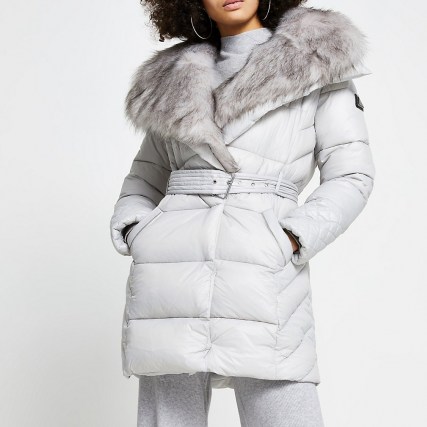 RIVER ISLAND Grey faux fur padded longline coat ~ puffy belted coats