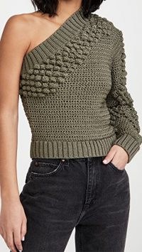 Helmut Lang Off Shoulder Top in Hunter Sage ~ textured chunky knit one shoulder tops ~ asymmetric knitwear