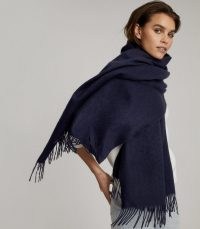 REISS JEN WOOL CASHMERE BLEND OVERSIZED SCARF NAVY ~ dark blue fringed scarves