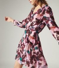 REISS JOSEPHINE FLORAL PRINTED MIDI DRESS PINK / feminine gathered waist dresses