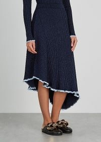 JW ANDERSON Infinity metallic-weave ribbed midi skirt ~ blue asymmetric skirts ~ shimmering rib knit clothing