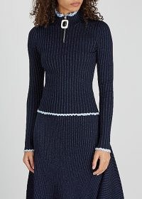 JW ANDERSON Metallic-weave half-zip ribbed top ~ blue shimmering high neck rib-knit tops