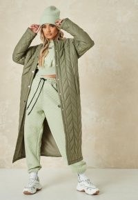 MISSGUIDED khaki chevron quilted long coat ~ green quilt detail coats