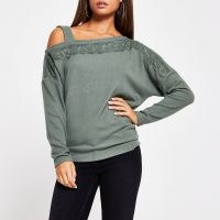 RIVER ISLAND Khaki lace trim long sleeve sweatshirt ~ green one cold shoulder sweatshirts