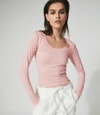 REISS LARKIN HIGH STRETCH SEAMLESS TOP PINK ~ casual long sleeve scoop neck tops