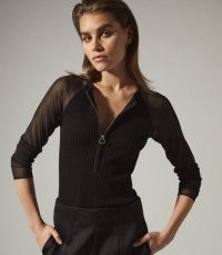 REISS LIA ZIP NECK TOP WITH SHEER SLEEVES BLACK ~ sheer sleeve knitted tops