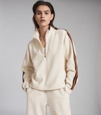 REISS LIBBY SIDE STRIPE LOUNGEWEAR ZIP THROUGH IVORY / striped sleeve lounge wear top