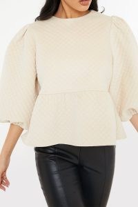 LORNA LUXE ECRU ‘PILLOW TALK’ QUILTED OVERSIZED BALLOON SLEEVE SMOCK TOP