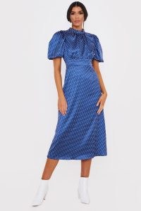 LORNA LUXE NAVY ‘GWEN’ POLKA DOT SATIN PUFF BALL SLEEVE DRESS | blue high neck dresses