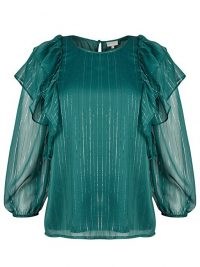OLIVER BONAS Metallic Stripe & Frill Sleeve Green Blouse / shimmering ruffle trim blouses
