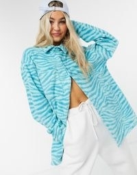 New Girl Order oversized fleece shacket in teal tiger print