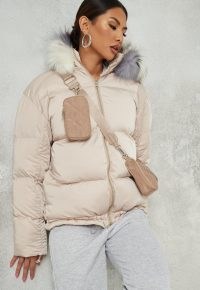 MISSGUIDED nude ruched sleeve faux fur coat ~ hooded coats ~ padded jackets with hoods