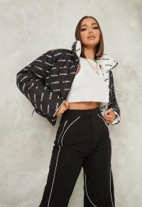 playboy x missguided black all over printed puffer coat ~ monochrome reversible jackets