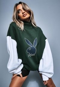 playboy x missguided green varsity high neck sweatshirt ~ slouchy bunny print sweatshirts