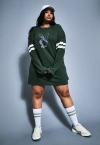 playboy x missguided plus size green varsity bunny long sleeve t shirt dress ~ casual curvy dresses