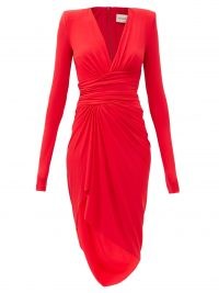 ALEXANDRE VAUTHIER Red plunge-neck gathered jersey mini dress ~ LRD ~ asymmetric occasionwear ~ glamorous occasion clothing ~ evening glamour ~ deep V-neckline event wear