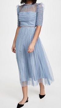 Self Portrait Dot Mesh Trim Midi Dress ~ light blue semi sheer frill trim dresses